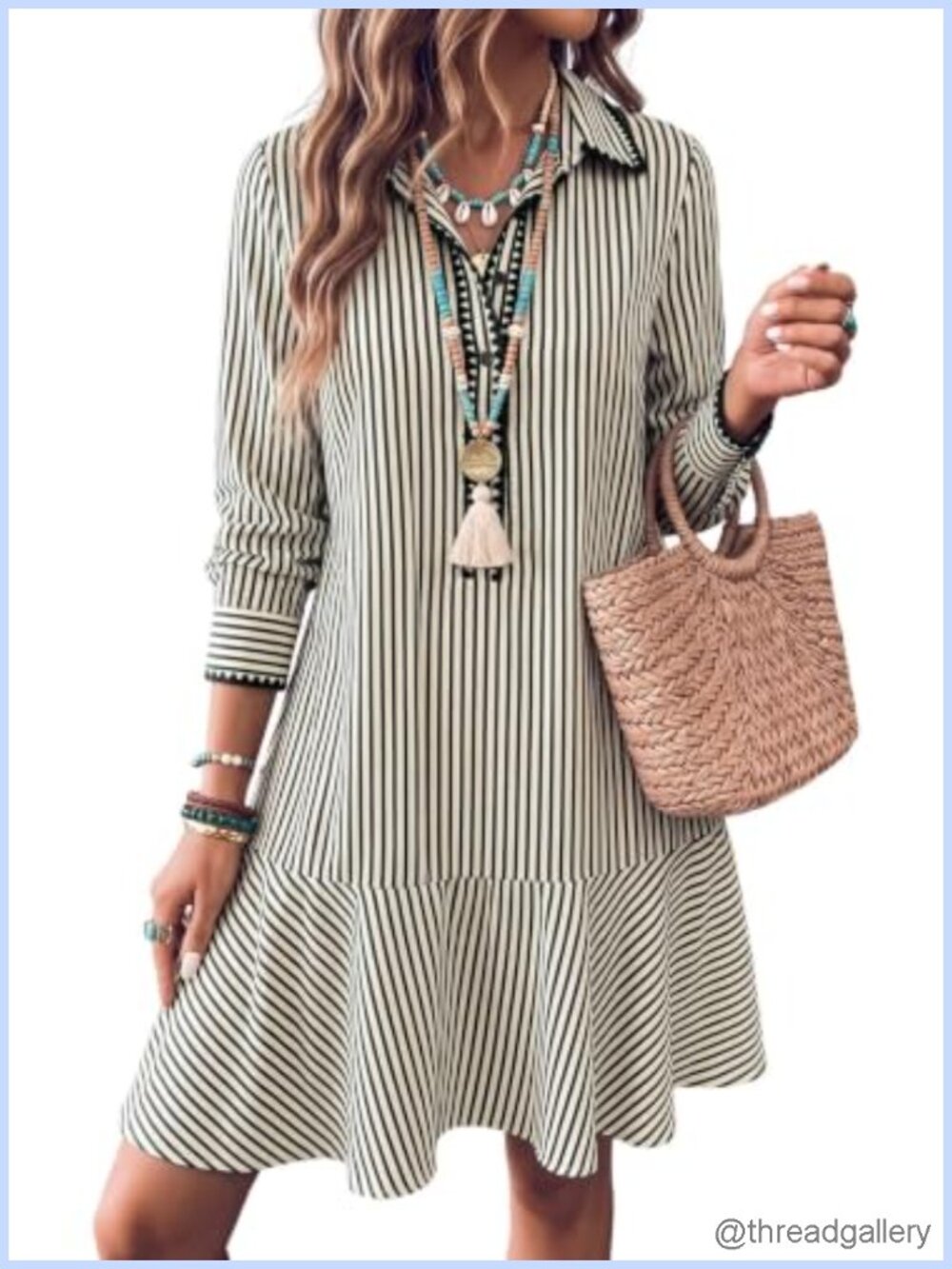 Striped Button Embroidered Ruffle Hem Mini Dress Long Puff Sleeve Casual